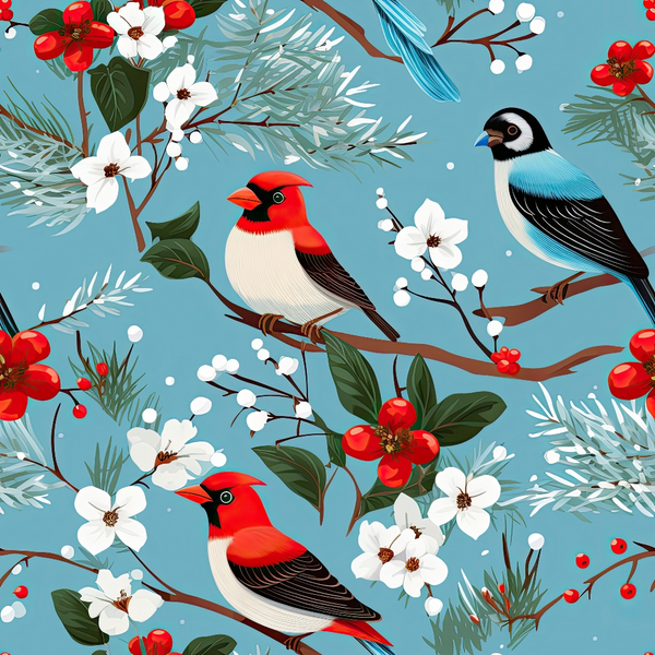 winter birds, cardinals, blue jays, red birds, blue birds, flowering branches, white blossoms, red berries, pine needles, evergreen sprigs, light blue background, botanical elements,, fabric panel, winter theme, snow dots, perched birds, floral motifs, nature pattern, cute illustration