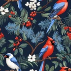 winter birds, cardinal, blue jay, navy background, red berries, white flowers, pine needles, evergreen branches,, fabric panel, bird pattern, nature design, winter theme, botanical elements, red cardinal, blue and white bird, perched birds, winter foliage, seamless pattern, crafting fabric