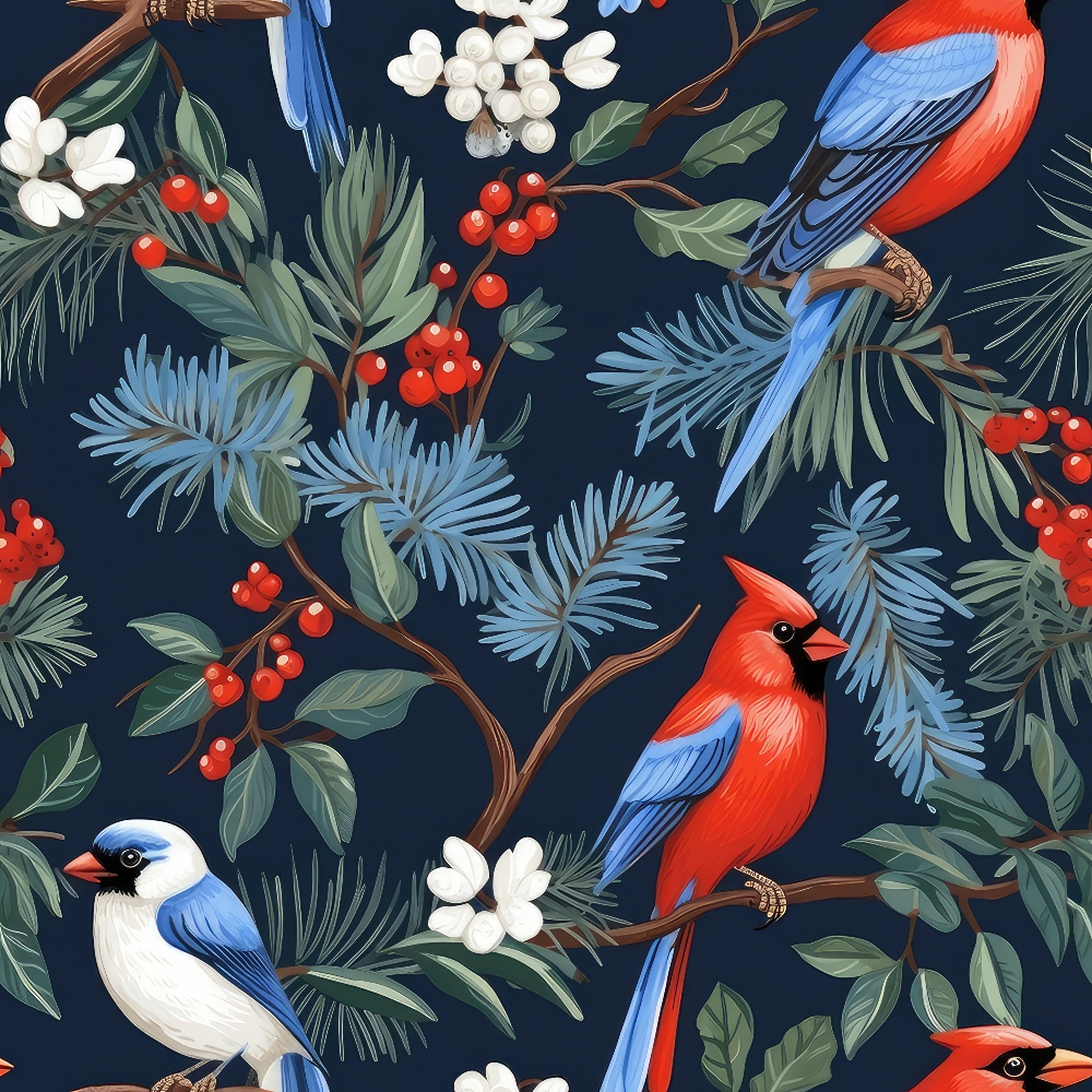 winter birds, cardinal, blue jay, navy background, red berries, white flowers, pine needles, evergreen branches,, fabric panel, bird pattern, nature design, winter theme, botanical elements, red cardinal, blue and white bird, perched birds, winter foliage, seamless pattern, crafting fabric