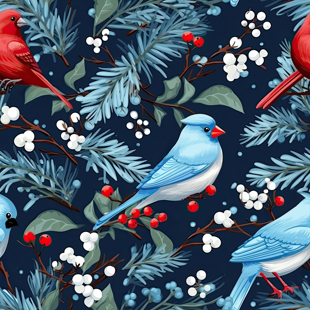 navy blue, red cardinal, blue jay, winter birds, evergreen branches, white berries, red berries, seamless pattern,, fabric panel, winter theme, botanical elements, nature design, bird illustration, festive colors, holiday fabric, cotton fabric, repeating pattern, seasonal birds, pine needles