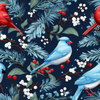 navy blue, red cardinal, blue jay, winter birds, evergreen branches, white berries, red berries, seamless pattern,, fabric panel, winter theme, botanical elements, nature design, bird illustration, festive colors, holiday fabric, cotton fabric, repeating pattern, seasonal birds, pine needles