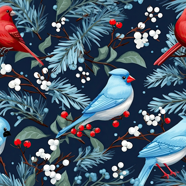 navy blue, red cardinal, blue jay, winter birds, evergreen branches, white berries, red berries, seamless pattern,, fabric panel, winter theme, botanical elements, nature design, bird illustration, festive colors, holiday fabric, cotton fabric, repeating pattern, seasonal birds, pine needles