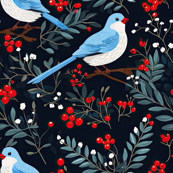 cute birds, winter birds, blue birds, navy background, red berries, white flowers, botanical branches, green leaves,, fabric panel, seamless pattern, nature motif, winter theme, delicate florals, perched birds, long tails, whimsical style, cottage core, festive berries, ornithology design