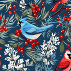 winter birds, blue cardinal, red cardinal, red berries, navy blue background, white foliage, green leaves, bird pattern,, fabric panel, winter theme, holly berries, botanical elements, cheerful birds, nature design, seasonal pattern, bright red, sky blue, festive colors, cute animals