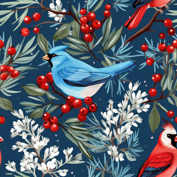 winter birds, blue cardinal, red cardinal, red berries, navy blue background, white foliage, green leaves, bird pattern,, fabric panel, winter theme, holly berries, botanical elements, cheerful birds, nature design, seasonal pattern, bright red, sky blue, festive colors, cute animals