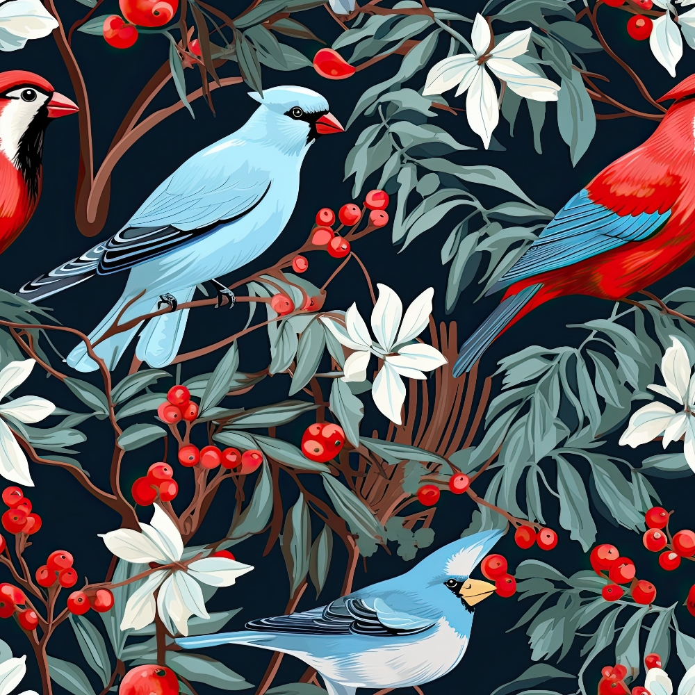 winter birds, cardinals, blue jay, red berries, white flowers, dark navy background, tropical leaves,, fabric panel, nature pattern, songbirds, botanical design, seamless repeat, vibrant colors, coral red, sky blue, forest green, winter theme, bird watching, floral elements