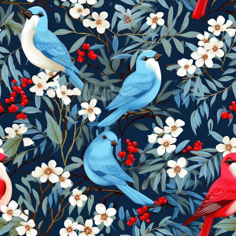 blue birds, red cardinal, navy background, white flowers, red berries, winter birds, floral pattern,, fabric panel, botanical design, seamless repeat, nature motif, songbirds, cherry blossoms, winter theme, bird illustration, decorative fabric, craft material, sewing fabric, detailed artwork