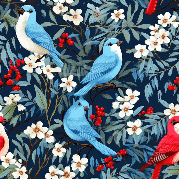 blue birds, red cardinal, navy background, white flowers, red berries, winter birds, floral pattern,, fabric panel, botanical design, seamless repeat, nature motif, songbirds, cherry blossoms, winter theme, bird illustration, decorative fabric, craft material, sewing fabric, detailed artwork