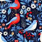 winter birds, red cardinal, blue jay, white dove, floral pattern, botanical design, navy background, coral flowers, white blossoms,, fabric panel, nature motif, bird illustration, folk art style, seasonal theme, branch perches, decorative leaves, vibrant colors, whimsical design, cotton fabric