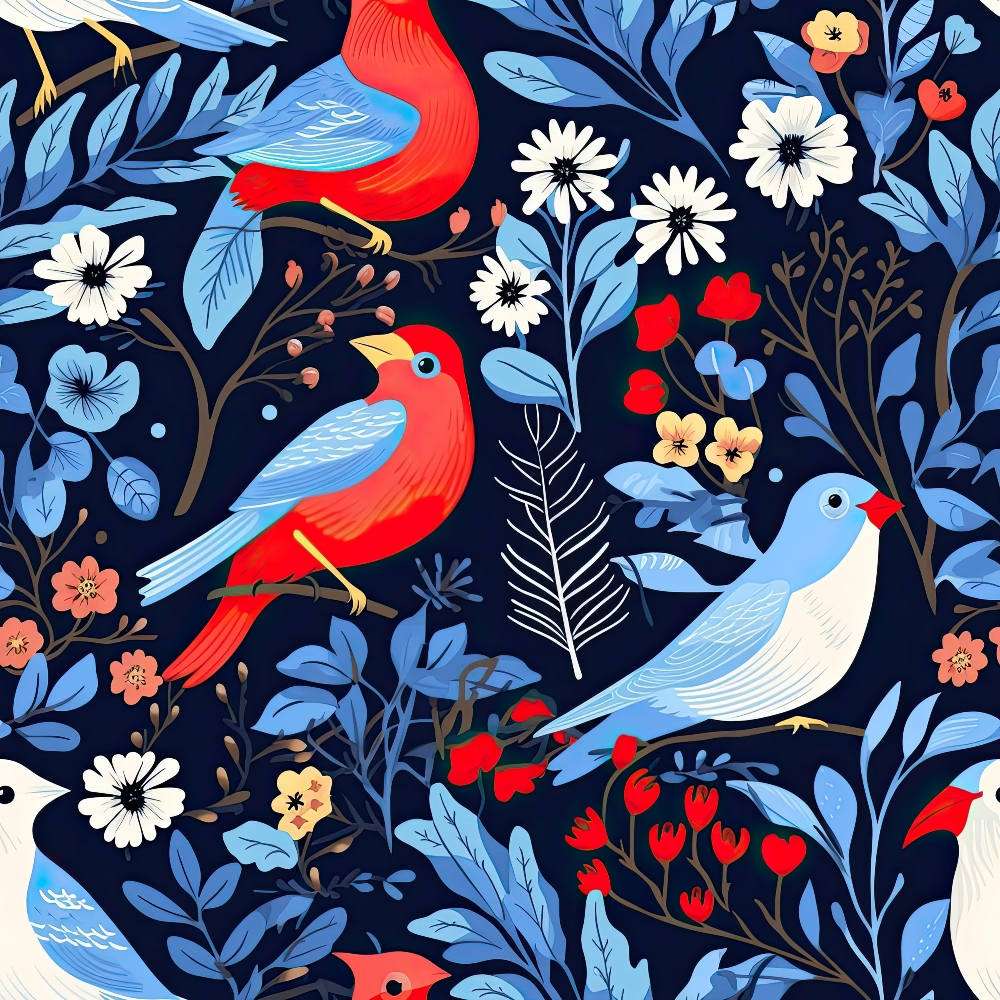 winter birds, red cardinal, blue jay, white dove, floral pattern, botanical design, navy background, coral flowers, white blossoms,, fabric panel, nature motif, bird illustration, folk art style, seasonal theme, branch perches, decorative leaves, vibrant colors, whimsical design, cotton fabric