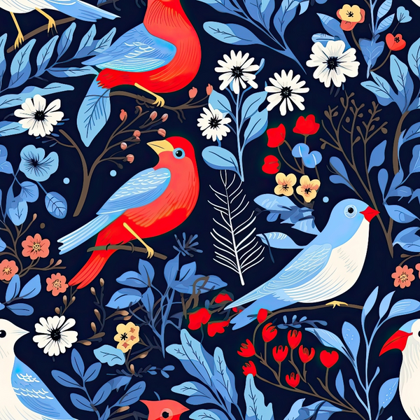 winter birds, red cardinal, blue jay, white dove, floral pattern, botanical design, navy background, coral flowers, white blossoms,, fabric panel, nature motif, bird illustration, folk art style, seasonal theme, branch perches, decorative leaves, vibrant colors, whimsical design, cotton fabric