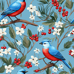 sky blue, red berries, white flowers, blue birds, red breast, winter birds, floral pattern, botanical design,, fabric panel, nature motif, songbirds, berry clusters, delicate flowers, green leaves, brown branches, cheerful pattern, winter theme, seamless repeat, craft fabric
