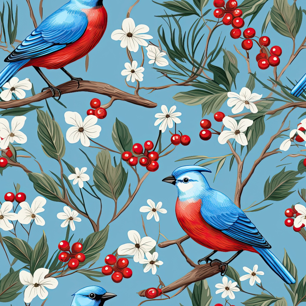 sky blue, red berries, white flowers, blue birds, red breast, winter birds, floral pattern, botanical design,, fabric panel, nature motif, songbirds, berry clusters, delicate flowers, green leaves, brown branches, cheerful pattern, winter theme, seamless repeat, craft fabric