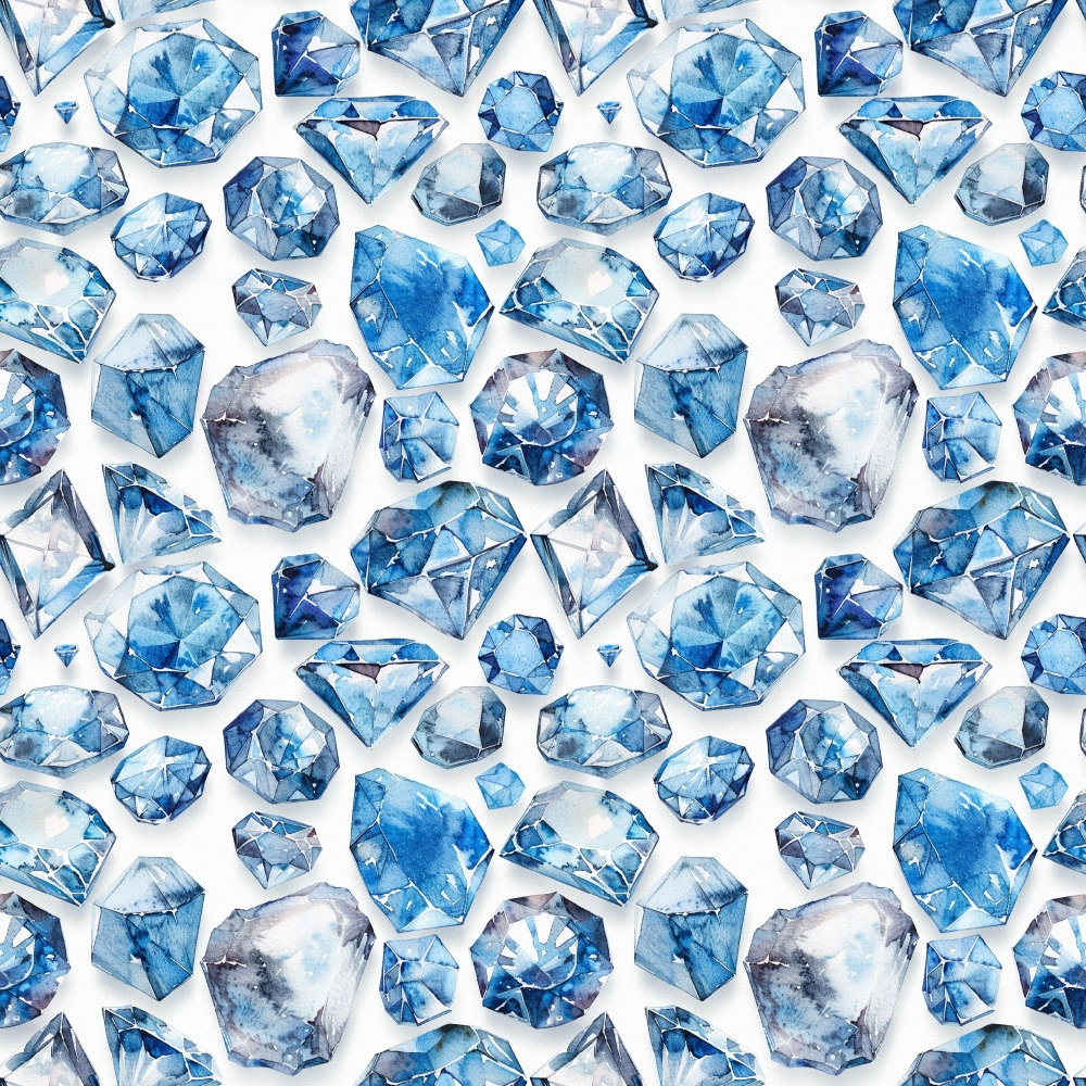 blue gemstones, sapphire blue, light blue, navy blue, crystal clear, diamond pattern, geometric gems, precious stones, faceted crystals, watercolor style, luxury design, scattered diamonds, brilliant cut, jewel tones,, fabric panel, repeating pattern, sparkly gems, mineral crystals, elegant motif