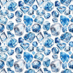 blue gemstones, sapphire blue, light blue, navy blue, crystal clear, diamond pattern, geometric gems, precious stones, faceted crystals, watercolor style, luxury design, scattered diamonds, brilliant cut, jewel tones,, fabric panel, repeating pattern, sparkly gems, mineral crystals, elegant motif