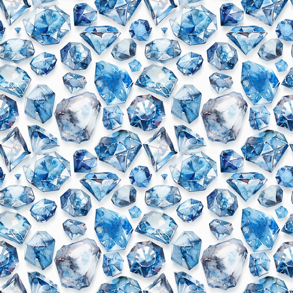 blue gemstones, sapphire blue, light blue, navy blue, crystal clear, diamond pattern, geometric gems, precious stones, faceted crystals, watercolor style, luxury design, scattered diamonds, brilliant cut, jewel tones,, fabric panel, repeating pattern, sparkly gems, mineral crystals, elegant motif
