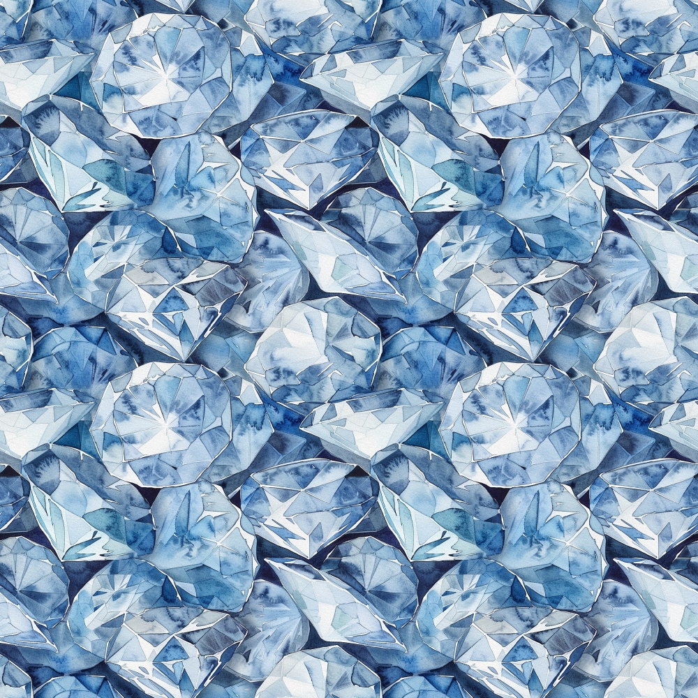blue diamonds, sapphire blue, light blue, navy blue, gemstone pattern, diamond facets, crystal design, geometric shapes, sparkling gems, precious stones,, fabric panel, realistic diamonds, brilliant cut, jewelry pattern, luxurious texture, seamless repeat, multifaceted gems, crystalline structure, elegant design