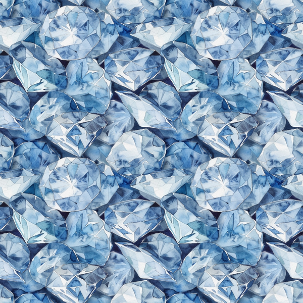 blue diamonds, sapphire blue, light blue, navy blue, gemstone pattern, diamond facets, crystal design, geometric shapes, sparkling gems, precious stones,, fabric panel, realistic diamonds, brilliant cut, jewelry pattern, luxurious texture, seamless repeat, multifaceted gems, crystalline structure, elegant design