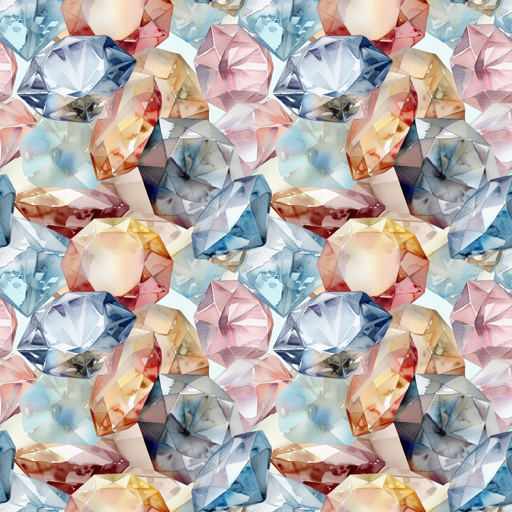 diamond pattern, gemstone design, crystal motifs, blue gems, pink diamonds, yellow topaz, clear quartz, red rubies, faceted stones, geometric shapes, repeating pattern, luxurious style, sparkling effect, jewelry inspired, precious stones,, fabric panel, brilliant cut, translucent gems, colorful crystals