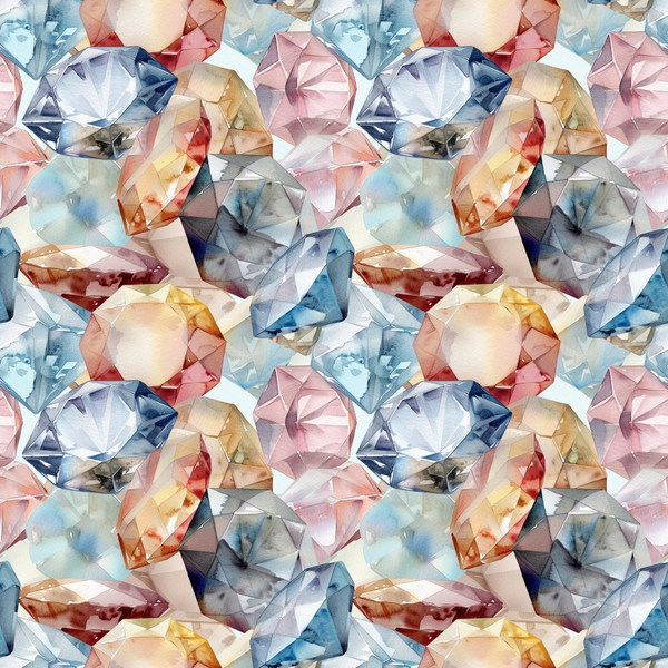 diamond pattern, gemstone design, crystal motifs, blue gems, pink diamonds, yellow topaz, clear quartz, red rubies, faceted stones, geometric shapes, repeating pattern, luxurious style, sparkling effect, jewelry inspired, precious stones,, fabric panel, brilliant cut, translucent gems, colorful crystals