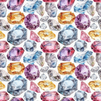 watercolor gemstones, diamond pattern, jewel tones, purple amethyst, blue sapphire, pink tourmaline, orange citrine, clear quartz, faceted gems, crystalline design, precious stones, multifaceted crystals, repeating pattern,, fabric panel, luxurious colors, geometric shapes, mineral illustration, sparkling effect