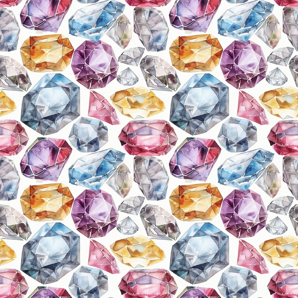 watercolor gemstones, diamond pattern, jewel tones, purple amethyst, blue sapphire, pink tourmaline, orange citrine, clear quartz, faceted gems, crystalline design, precious stones, multifaceted crystals, repeating pattern,, fabric panel, luxurious colors, geometric shapes, mineral illustration, sparkling effect