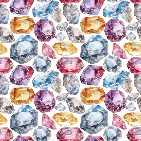 watercolor gemstones, diamond pattern, jewel tones, purple amethyst, blue sapphire, pink tourmaline, orange citrine, clear quartz, faceted gems, crystalline design, precious stones, multifaceted crystals, repeating pattern,, fabric panel, luxurious colors, geometric shapes, mineral illustration, sparkling effect
