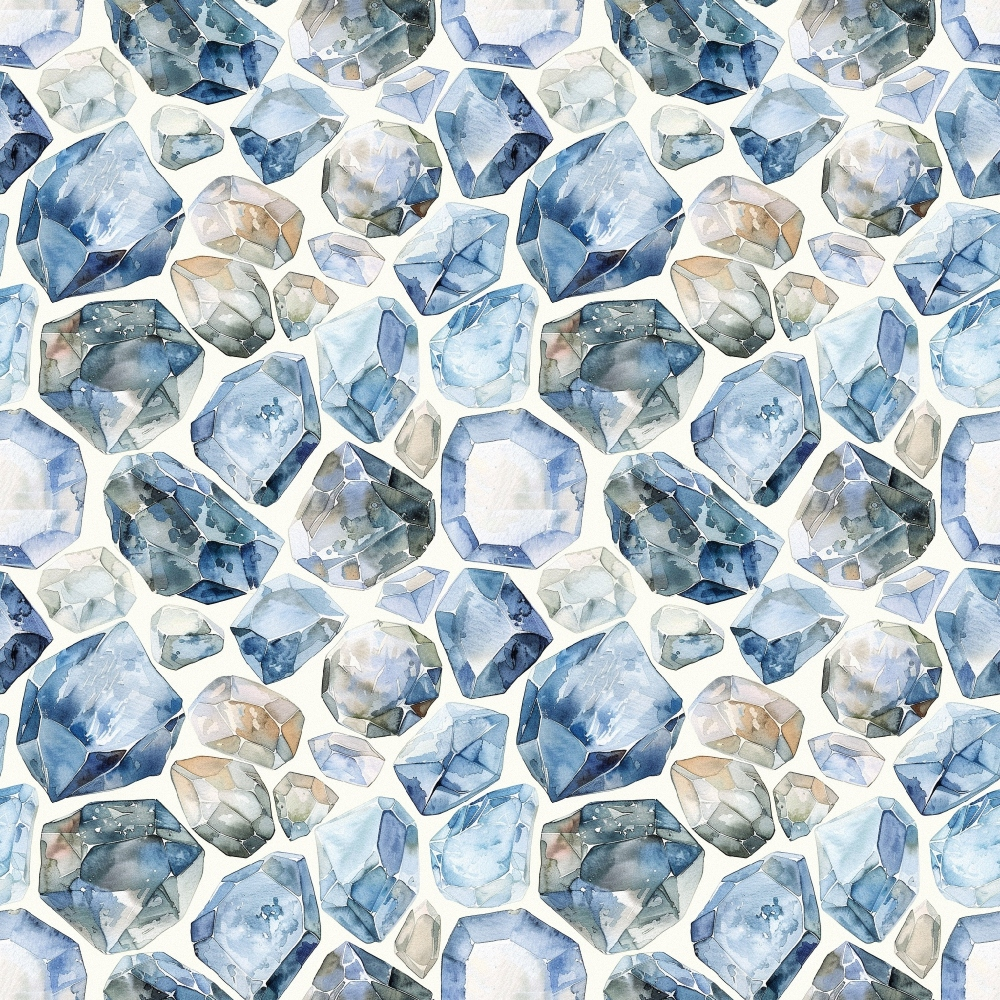blue, navy blue, light blue, periwinkle, beige, cream, white, gray, watercolor style, gemstones, diamonds, crystals, geometric shapes, faceted gems, precious stones, seamless pattern, repeating design,, fabric panel, mineral pattern, translucent effect, artistic rendering, modern design