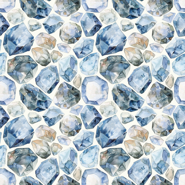 blue, navy blue, light blue, periwinkle, beige, cream, white, gray, watercolor style, gemstones, diamonds, crystals, geometric shapes, faceted gems, precious stones, seamless pattern, repeating design,, fabric panel, mineral pattern, translucent effect, artistic rendering, modern design