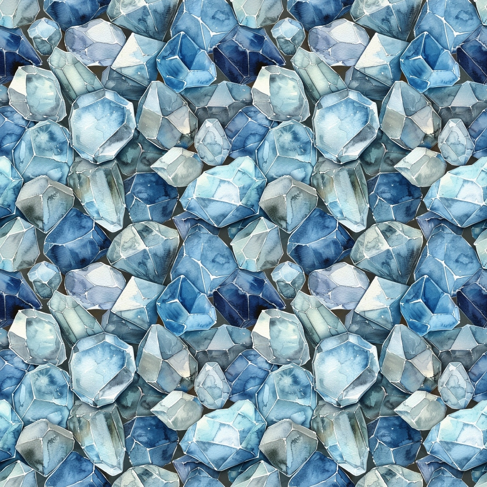navy blue, light blue, powder blue, steel gray, white, diamond pattern, gemstone design, crystal shapes, geometric pattern, faceted gems, precious stones, watercolor style, translucent effect,, fabric panel, repeating pattern, mineral design, jewel tones, realistic gemstones, seamless repeat