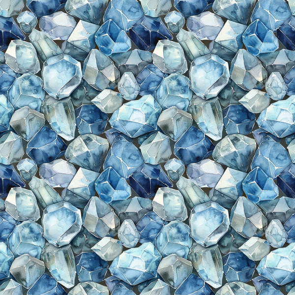 navy blue, light blue, powder blue, steel gray, white, diamond pattern, gemstone design, crystal shapes, geometric pattern, faceted gems, precious stones, watercolor style, translucent effect,, fabric panel, repeating pattern, mineral design, jewel tones, realistic gemstones, seamless repeat