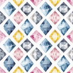 watercolor gemstones, diamond pattern, geometric design, blue sapphire, pink rose quartz, yellow citrine, gray diamonds, repeating motif, crystalline shapes, faceted gems,, fabric panel, soft pastels, translucent effect, mineral illustration, precious stones, symmetrical layout, artistic rendering, craft material