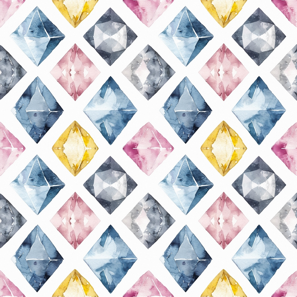 watercolor gemstones, diamond pattern, geometric design, blue sapphire, pink rose quartz, yellow citrine, gray diamonds, repeating motif, crystalline shapes, faceted gems,, fabric panel, soft pastels, translucent effect, mineral illustration, precious stones, symmetrical layout, artistic rendering, craft material