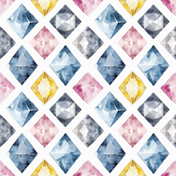 watercolor gemstones, diamond pattern, geometric design, blue sapphire, pink rose quartz, yellow citrine, gray diamonds, repeating motif, crystalline shapes, faceted gems,, fabric panel, soft pastels, translucent effect, mineral illustration, precious stones, symmetrical layout, artistic rendering, craft material
