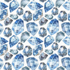 blue gemstones, diamond pattern, watercolor style, crystal shapes, sapphire blue, light blue, navy blue, geometric gems, repeating pattern,, fabric panel, precious stones, faceted diamonds, scattered gems, translucent crystals, jewelry motif, luxury pattern, mineral design, gemstone collection, crystalline texture