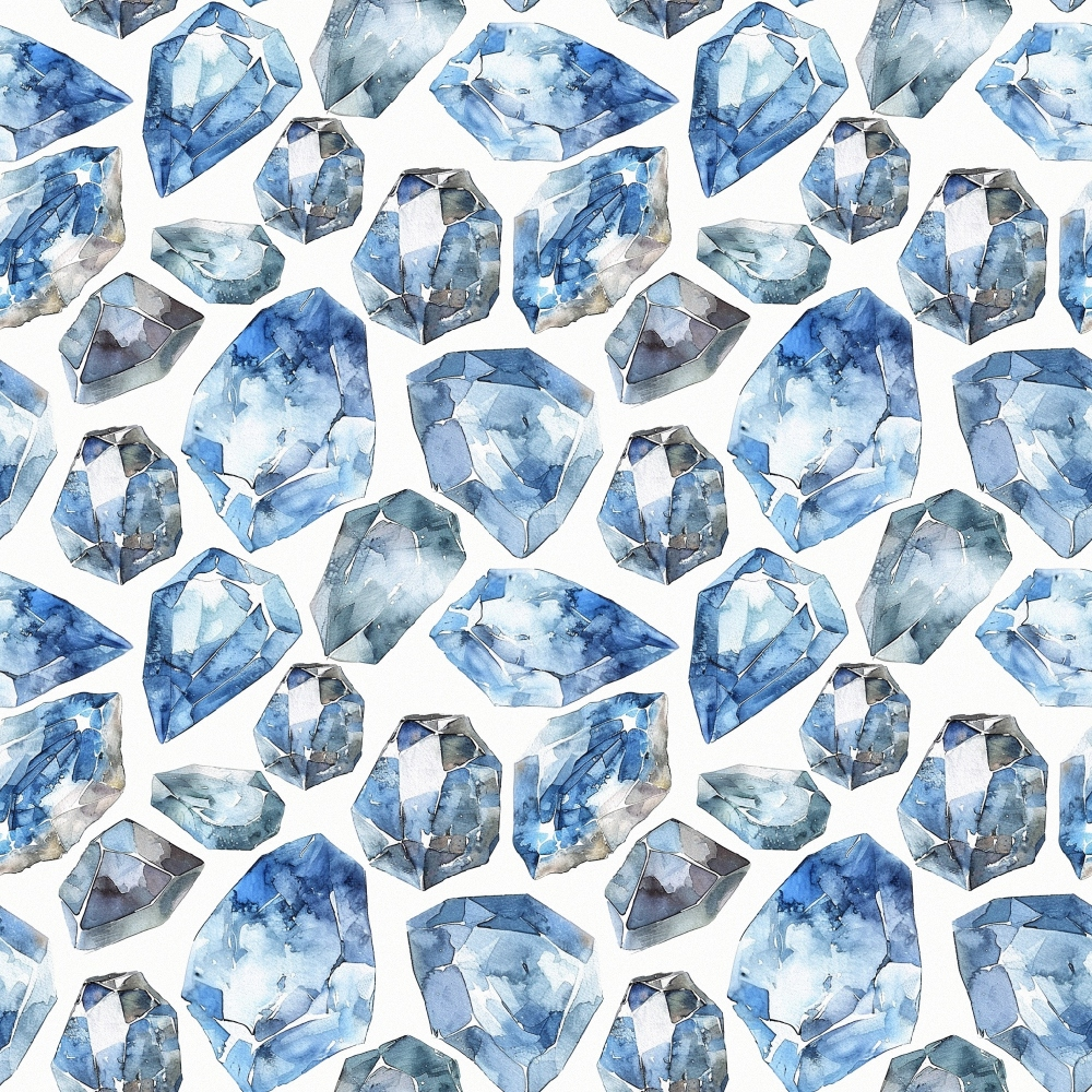 blue gemstones, diamond pattern, watercolor style, crystal shapes, sapphire blue, light blue, navy blue, geometric gems, repeating pattern,, fabric panel, precious stones, faceted diamonds, scattered gems, translucent crystals, jewelry motif, luxury pattern, mineral design, gemstone collection, crystalline texture