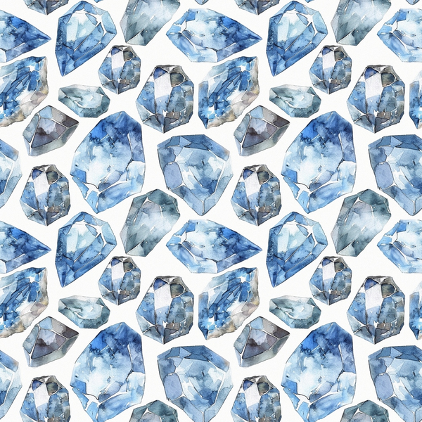 blue gemstones, diamond pattern, watercolor style, crystal shapes, sapphire blue, light blue, navy blue, geometric gems, repeating pattern,, fabric panel, precious stones, faceted diamonds, scattered gems, translucent crystals, jewelry motif, luxury pattern, mineral design, gemstone collection, crystalline texture
