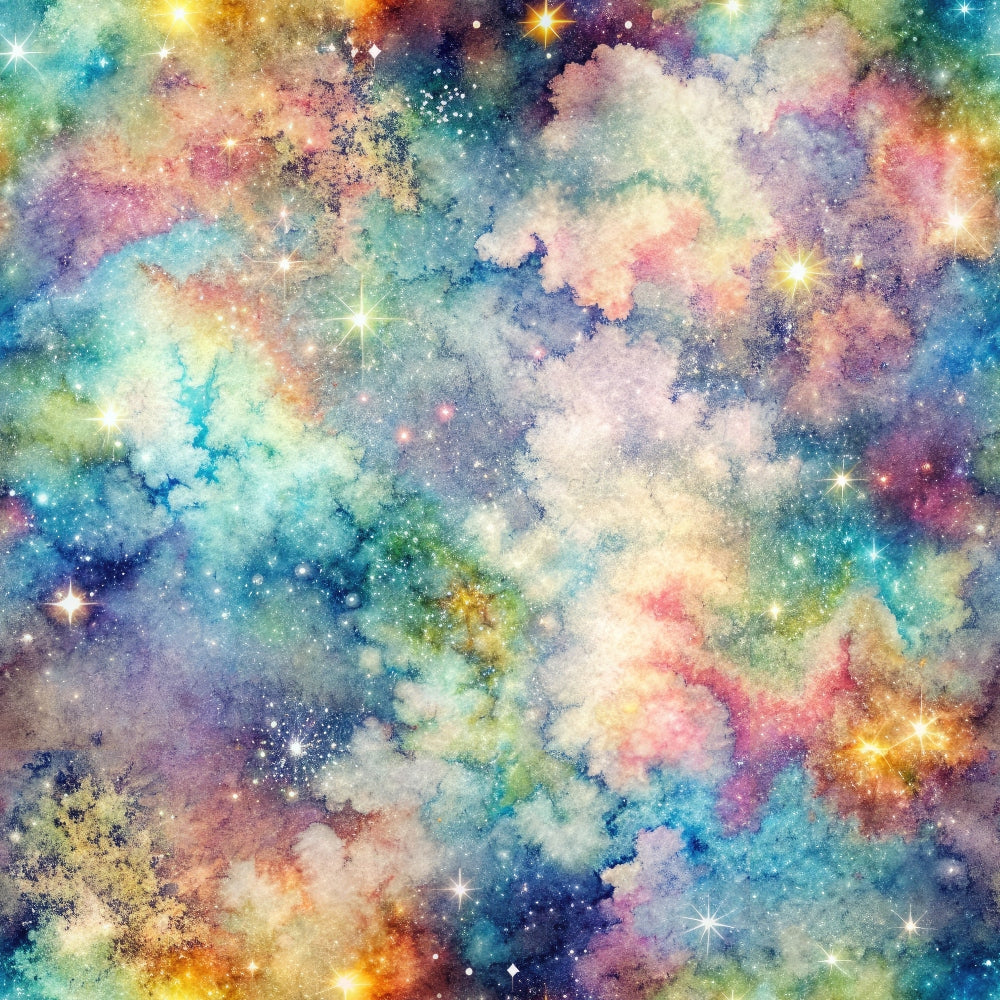 turquoise, purple, pink, gold, yellow, green, cosmic nebula, galaxy pattern, starfield, celestial design, space theme, dreamy clouds, iridescent stars, fantasy artwork, mystical atmosphere,, fabric panel, watercolor effect, ethereal design, astronomical print