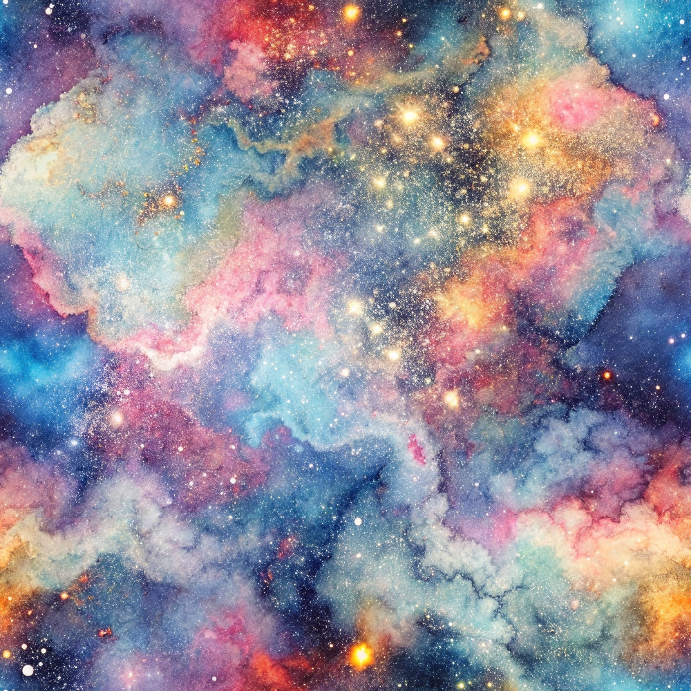 galaxy, nebula, cosmic, space, starfield, purple, blue, pink, orange, teal, celestial, astronomical, dreamy, ethereal, swirling clouds, cosmic dust, bright stars,, fabric panel, fantasy pattern, distressed, watercolor effect, universe, deep space