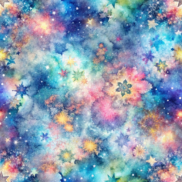watercolor galaxy, cosmic nebula, starry sky, celestial pattern, blue purple pink, turquoise aqua, golden yellow, distressed texture, fantasy space, astronomy theme, scattered stars, dreamy clouds,, fabric panel, mystical atmosphere, universe design, soft watercolor, stellar motifs, cosmic dust, ethereal background