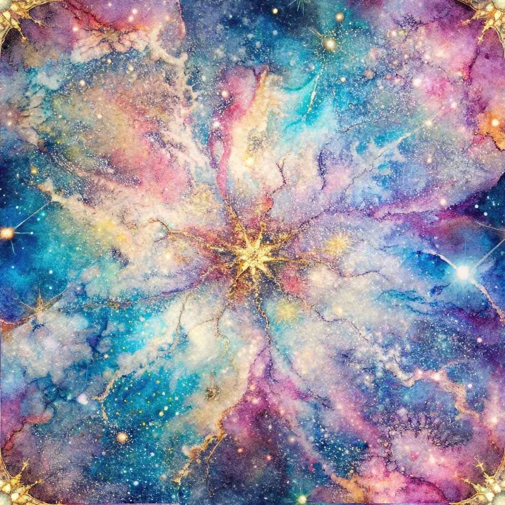 galaxy, cosmic, nebula, starburst, celestial, turquoise, magenta, purple, gold accents, space themed, astronomical, dreamy, mystical, distressed texture,, fabric panel, starfield, universe, ethereal, iridescent