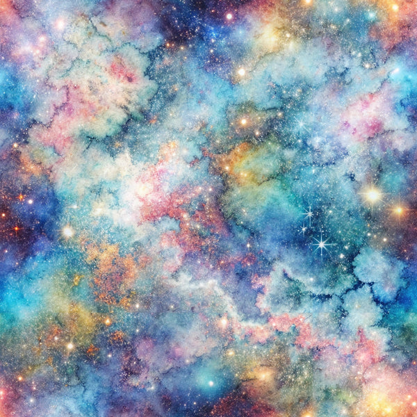 cosmic nebula, galaxy pattern, starfield, celestial design, deep space, blue hues, purple tones, pink clouds, turquoise accents, orange highlights, swirling patterns, astronomical theme, fantasy cosmos,, fabric panel, mystical atmosphere, dreamy textures, universe motif, stellar backdrop, ethereal clouds