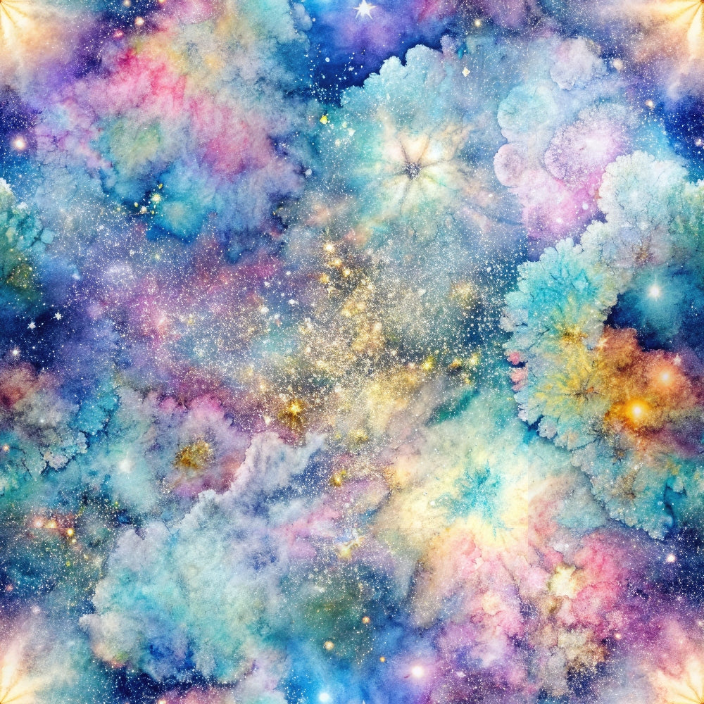 cosmic nebula, galaxy pattern, starfield design, celestial theme, purple hues, turquoise blue, magenta pink, golden yellow, space clouds, astronomical art, dreamy watercolor, mystical atmosphere, cotton fabric, quilting panel, distressed texture, fantasyscape, stellar formation, ethereal mood, cosmic dust, interstellar design