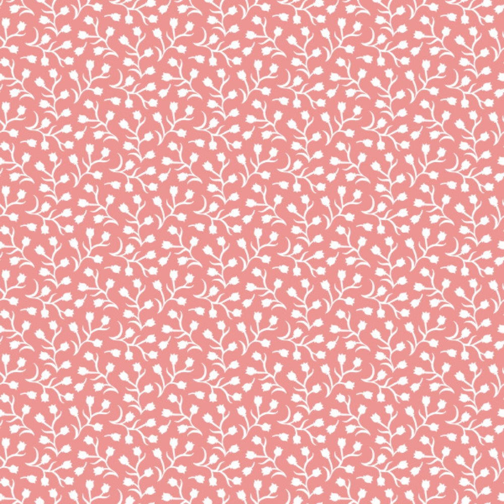 peach, coral pink, white, ditsy flowers, small florals, floral pattern, delicate branches, botanical motifs, repeating design,, fabric panel, feminine, soft pastels, spring flowers, vintage style, cotton fabric, seamless pattern, tiny blooms, romantic, craft fabric