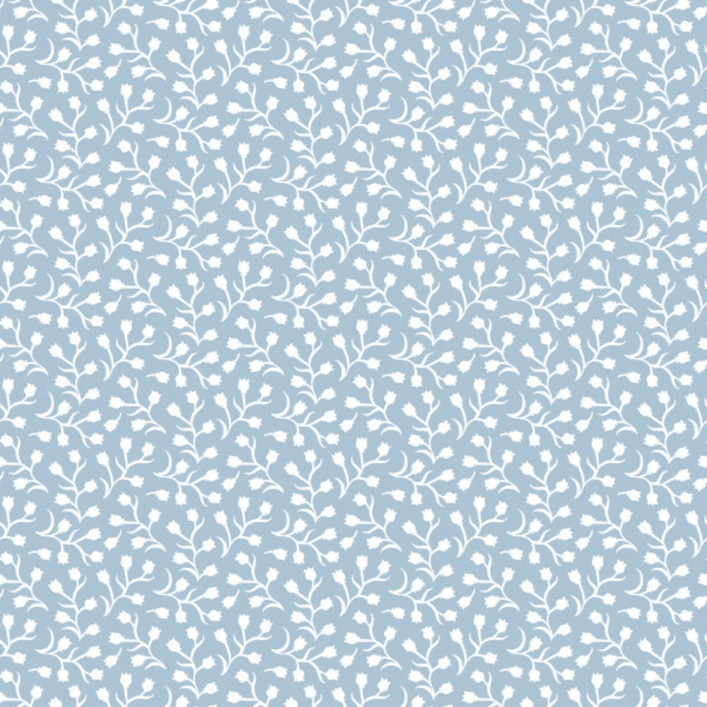 powder blue, soft blue, white, floral pattern, ditsy flowers, small blooms, botanical design, delicate branches, leaves, stems, repeating pattern,, fabric panel, feminine, romantic, vintage style, cottagecore, spring theme, pastoral motif, seamless design