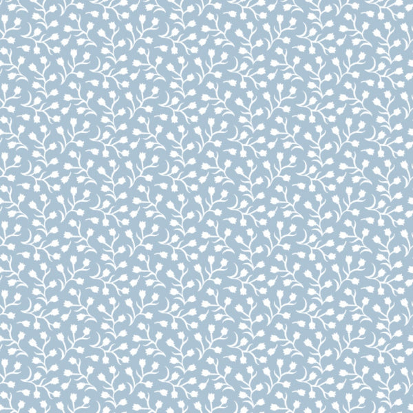 powder blue, soft blue, white, floral pattern, ditsy flowers, small blooms, botanical design, delicate branches, leaves, stems, repeating pattern,, fabric panel, feminine, romantic, vintage style, cottagecore, spring theme, pastoral motif, seamless design