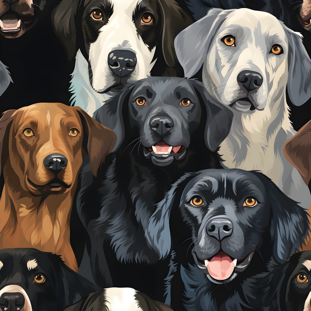 dogs, canines, pet portraits, close-up faces, black dogs, brown dogs, white dogs, amber eyes, pink tongues, realistic art style, animal pattern,, fabric panel, multi-colored, detailed illustration, dog breeds, pet themed, clustered design, warm tones, cool tones