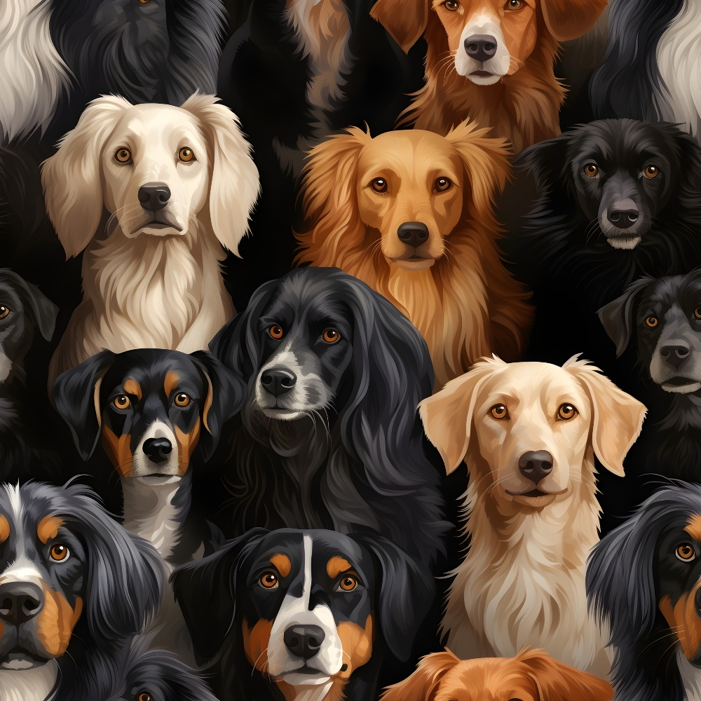 dog faces, canine portraits, realistic illustration, black dogs, brown dogs, golden dogs, cream colored, tan shades, multiple breeds, close-up pattern,, fabric panel, pet themed, animal faces, detailed artwork, warm tones, neutral colors, dog lover, crafting material, sewing fabric