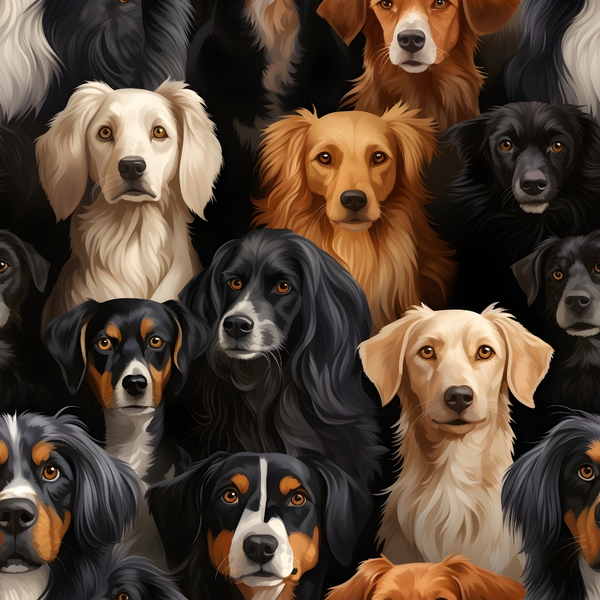 dog faces, canine portraits, realistic illustration, black dogs, brown dogs, golden dogs, cream colored, tan shades, multiple breeds, close-up pattern,, fabric panel, pet themed, animal faces, detailed artwork, warm tones, neutral colors, dog lover, crafting material, sewing fabric