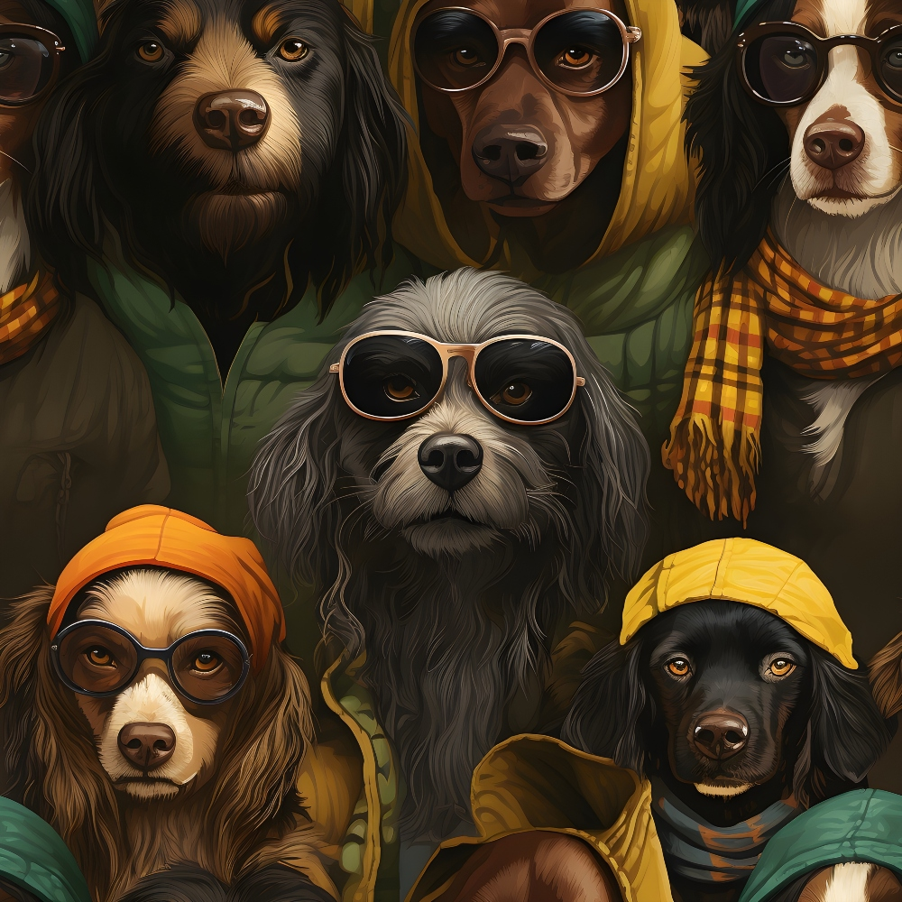 dogs, canines, sunglasses, autumn colors, orange, yellow, green, brown, hoodies, scarves, beanies, hipster style, pet portraits, close-up faces,, fabric panel, warm tones, trendy dogs, stylized illustration, pet fashion